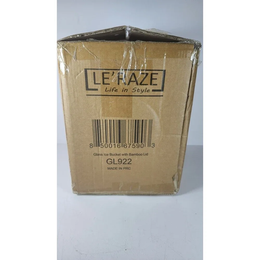 LE'RAZE Glass Ice Bucket with Airtight Bamboo Lid, Ice Tong Scooper and Handle